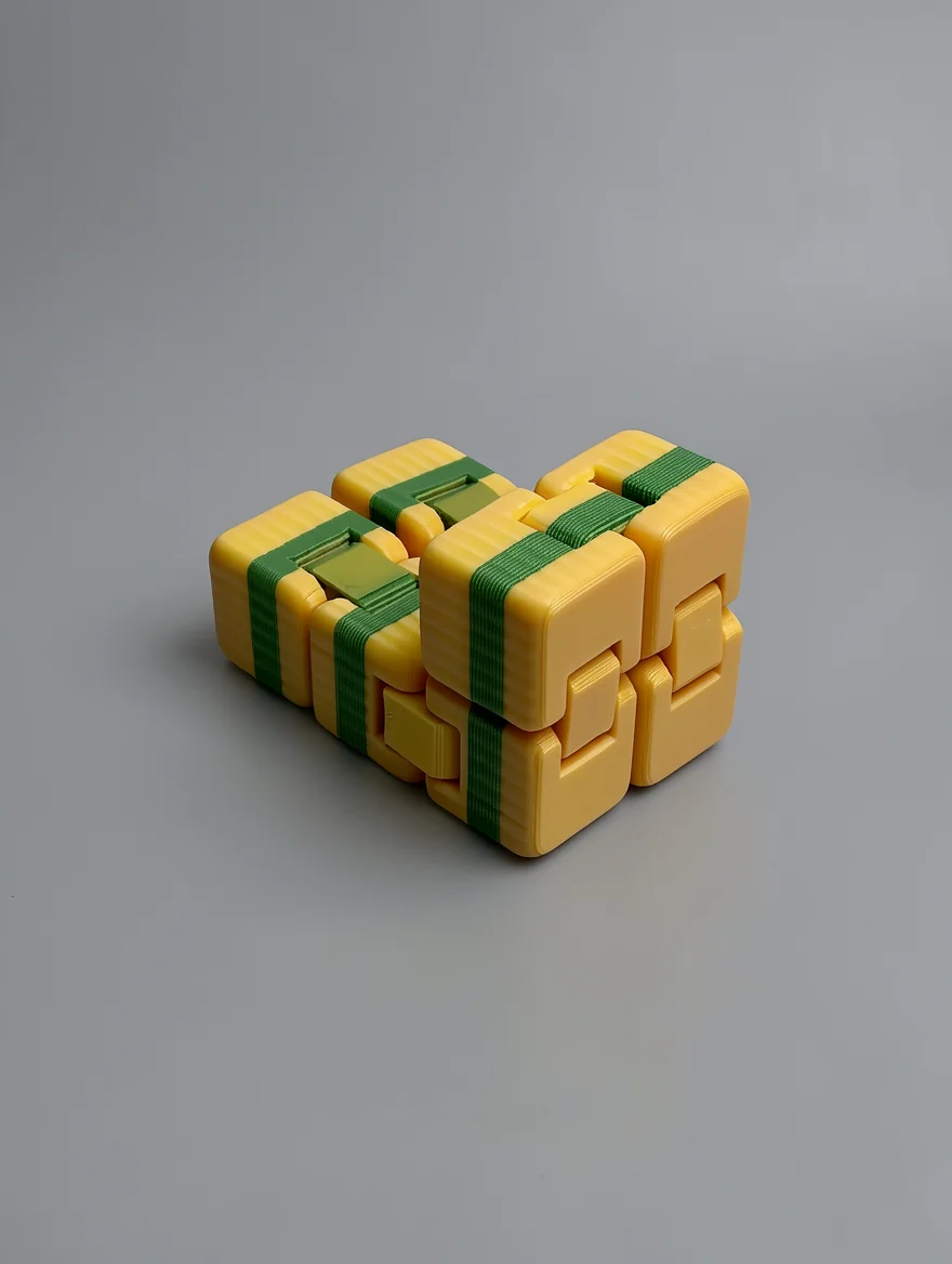 Infinity Cube: yellow and green articulated interlocking mechanical puzzle, interlocking mustard-yellow plastic segments