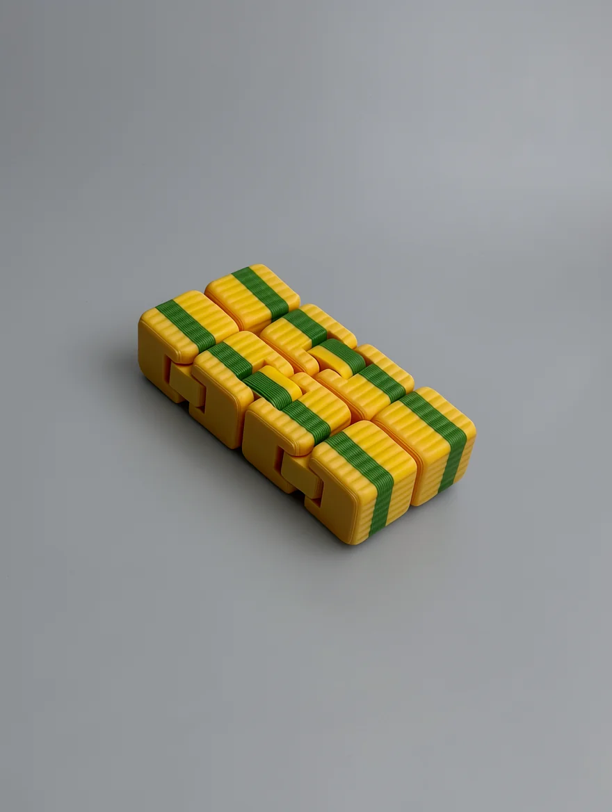 Infinity Cube: yellow and dark green segmented bale cluster, rounded corners and edges